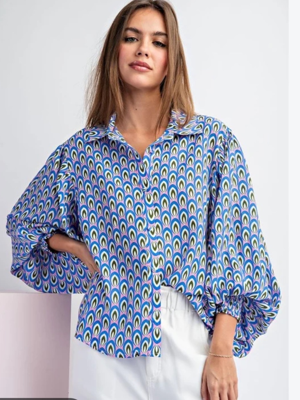 Printed Button-Front Peasant Blouse in Blue